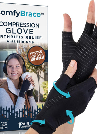 ComfyBrace Copper Arthritis Gloves, Hand Compression Gloves for Women & Men | Fingerless compression gloves for swelling, carpal tunnel, trigger finger, tendonitis and rheumatoid arthritis pain relief