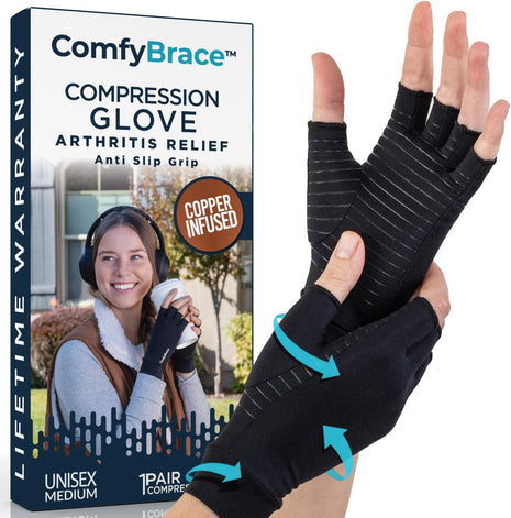 ComfyBrace Copper Arthritis Gloves, Hand Compression Gloves for Women & Men | Fingerless compression gloves for swelling, carpal tunnel, trigger finger, tendonitis and rheumatoid arthritis pain relief