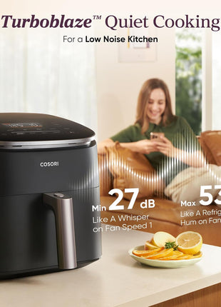 Cosori 9-in-1 TurboBlaze Air Fryer 6 Qt, PFAS-Free Ceramic Coating, 90°–450°F, Precise Heating for Even Results, Air Fry, Roast, Bake, Broil, Dry, Frozen, Proof, Reheat, Keep Warm, 120V, Dark Gray