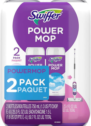 Swiffer PowerMop Liquid Floor Cleaner Refills, Solution for Power Mop, Fresh Scent, 2 Count Mopping Fluid Replacement Bottle, Spray Mops Cleaning Juice, No Bucket Needed, Multi-Surface and Wood