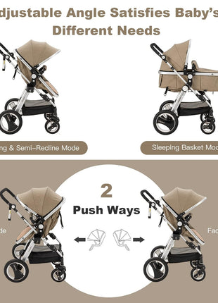 BABY JOY Baby Stroller, 2-in-1 Convertible Bassinet Reclining Stroller, Foldable Pram Carriage with 5-Point Harness, Including Cup Holder, Foot Cover, Diaper Bag, Aluminum Structure, Khaki