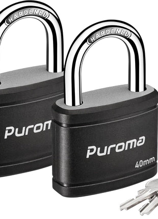 Puroma 2 Keyed Padlock with 3 Keys 7/8" School Locker Lock Gate 40mm Black | For Gym Locker Gate Outdoor, Keyed Alike, Hardened Steel Shackle, Weather-resistant, Resist cut & pry, Multi-pin cylinders