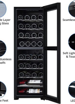 15 Inch Wine Cooler Refrigerator - 28 Bottle Capacity, Double-Layer Glass Door, Temperature Stable System, Digital Control, Single Area Dual Temperature, Built-in or Freestanding, with Lock