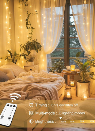 JMExSUSS 300 LED Remote Control Christmas Curtain Lights, Plug in Fairy Curtain Lights Outdoor, Window Wall Hanging String Lights for Bedroom Backdrop Wedding Party Indoor Patio xmas Decor, Warm White