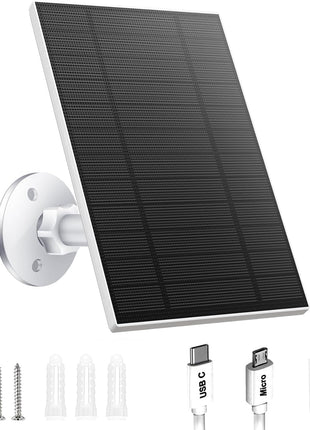 5W Solar Panel for Security Camera, Solar Panel with Micro USB & USB-C Port for DC 5V Outdoor Rechargeable Battery Camera, IP65 Waterproof, 360° Adjustable Security Mount, 9.8ft Cable(White 1PC)
