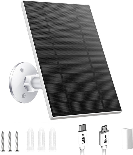 5W Solar Panel for Security Camera, Solar Panel with Micro USB & USB-C Port for DC 5V Outdoor Rechargeable Battery Camera, IP65 Waterproof, 360° Adjustable Security Mount, 9.8ft Cable(White 1PC)