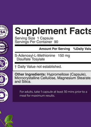Bundle of Pure SAM E Supplement 150mg - Nootropic Same 150mg Per Serving for Memory & Brain Support and L Lysine 1000mg Free Form - L-Lysine Supplement for Eye Health Lip Care Collagen Synthesis