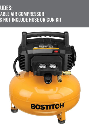 Bostitch 6 Gallon Pancake Air Compressor & 13 Piece Accessory Kit: Air Hose, Blow Gun and Adapter, Blow Chuck, Tire Gauge, Rubber Blow Gun Nozzle, Inflation Needle, and Male Quick Connect Plug