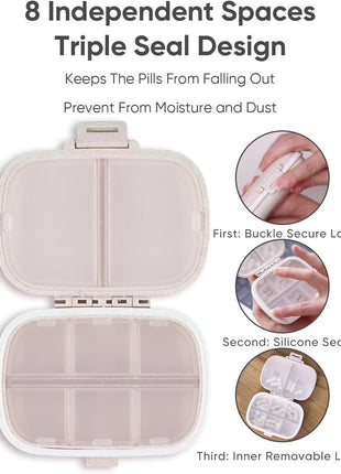 Holii Travel Pill Organizer, 8 Compartments Portable Pill Case, Daily Pill Box to Hold Vitamins, Small Pill Container for Pocket Purse Medicine Organizer(Khaki)