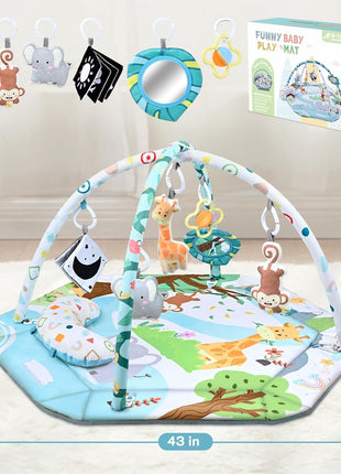 Baby Gym Play Mat, 8-in-1 Tummy Time Mat & Ball Pit with 6 Toys, Washable Baby Activity Play Mat for Visual, Hearing, Sensory, Motor Development, Baby Toys Gift for Toddler Infant 0-3-6-9-12 Months