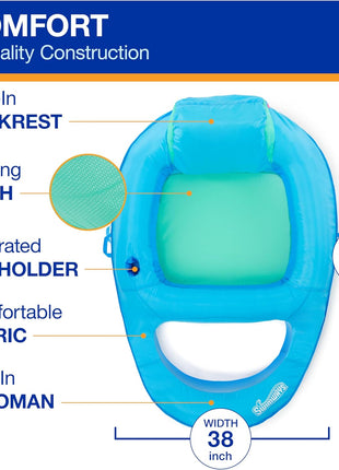 SwimWays Spring Float Premium Recliner Pool Lounger, Inflatable Pool Floats Adult with Fast Inflation for Ages 15 & Up, Sky Blue