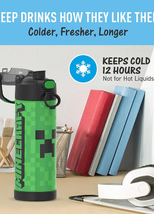 THERMOS FUNTAINER Water Bottle with Spout, 16oz, Minecraft | Kids Stainless Steel Insulated Water Bottle, Keeps Drinks Cold Longer for School & Play, BPA-Free
