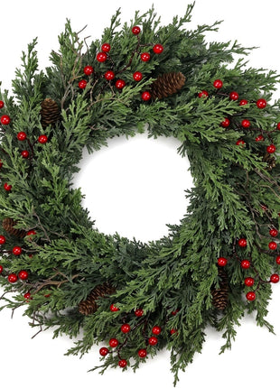 24 inch Christmas Wreath for Front Door, Real Touch Cedar Wreath