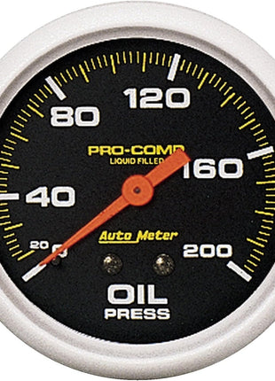 Auto Meter 5422 Pro-Comp; Liquid-Filled Mechanical Oil Pressure Gauge; 2 5/8 in; 0-200 psi; Incl. 1/8/0.25 in. NPT Fittings; 6 ft. Nylon Tubing;