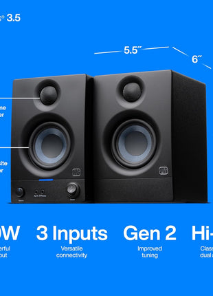 PreSonus Eris 3.5 Powered Studio Monitors, Pair — 3.5" Active Near | -Field Desktop Speakers for Music Production, Gaming, Movies & Hi-Fi | 50W, Woven-Composite Woofer, Silk-Dome Tweeter, Black