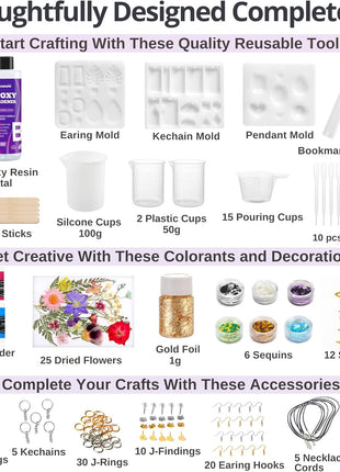 Piccassio Epoxy Resin Kit for Beginners – 208-Piece Jewelry Making & Craft Kit with Molds, Dried Flowers, Glitter & Tools – Complete Starter Set for Keychains, Bookmarks, Pendants & DIY Resin Art