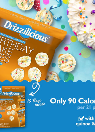 Drizzilicious Mini Flavored Rice Cakes Birthday Cake - Rice Crisps, Healthy Snack for Adults and Kids, Vegan, Gluten Free Snack, Allergen Free, Only 90 Calories Per Bag - 0.74 oz (Pack of 10)