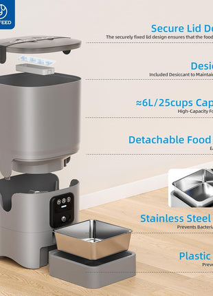 PAPIFEED Automatic Cat Feeder with Camera, 1080P HD & Night Vision, 6L Cat Food Dispenser with App, 5G WiFi Timed Cat Feeder for Dry Food, 2-Way Audio, Smart Pet Feeder for Dog, 1-10 Meals/Day, Grey