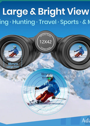 12x42 HD Binoculars for Adults High Powered with Phone Adapter and Tripod, Super Bright BAK4 Prism Waterproof Binoculars for Bird Watching Hunting Hiking Safari Travel Sports