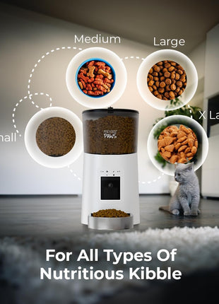 Penthouse Paws Smart HD Pet Feeder, 6L Dry Food Capacity, 1080p Camera, 2-Way Audio, Scheduled Meals, Backup Power, Easy to Clean, Anti-Jam Design for Cat & Dog, White/Stainless Steel