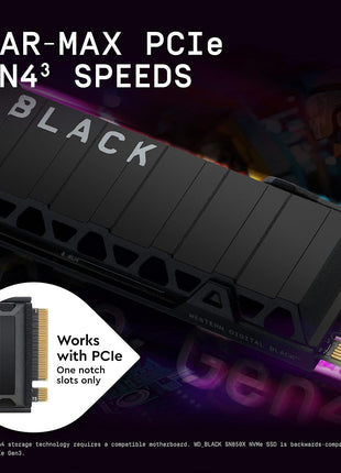 WD_Black SN850X 4TB NVMe SSD with Heatsink - M.2 2280, Up to 7,300 MB/s Read speeds, Up to 6,300 MB/s Write speeds, Gaming Expansion, High Performance Internal Solid State Drive - WDS400T2XHE