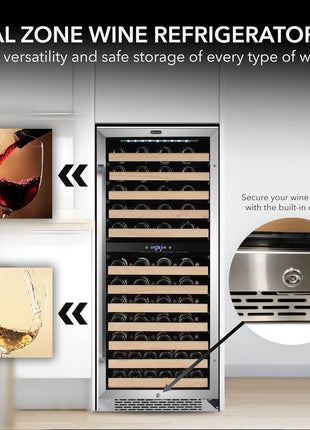 Whynter BWR-0922DZ 92 Built-in or Freestanding Stainless Steel Dual Zone Compressor Large Capacity Wine Refrigerator Rack for Open Bottles and LED Display, Dark Grey