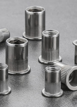 Wensilon Rivet Nut 1/4 inch-20UNC 100Pcs Stainless Steel 304 Finish Flat Head Rivnut Threaded Insert Nut Knurled Body