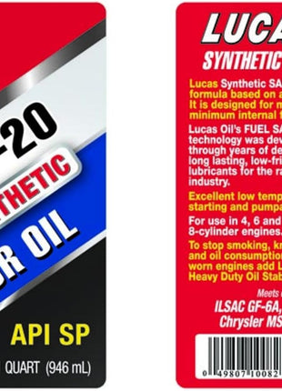 Lucas Oil 10082 SAE 5W-20 Synthetic Motor Oil, 1 Quart