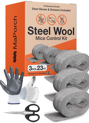 MaPorch Steel Wool Mouse Hole Filler - 3 Pack, 3.2 in x 7.5 ft - Metal Mesh Gap Filler for Walls & Pipes - DIY Kit with Gloves & Scissors - Mouse Prevention Rat Wire Mesh