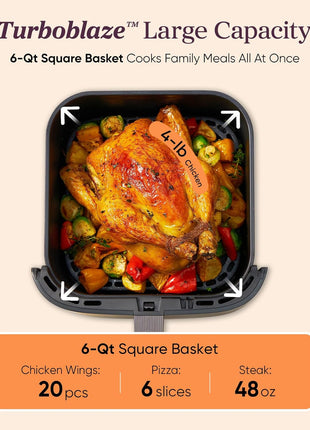 Cosori 9-in-1 TurboBlaze Air Fryer 6 Qt, PFAS-Free Ceramic Coating, 90°–450°F, Precise Heating for Even Results, Air Fry, Roast, Bake, Broil, Dry, Frozen, Proof, Reheat, Keep Warm, 120V, Dark Gray