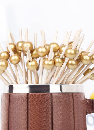 200PCS Cocktail Picks, Fancy Toothpicks for Appetizers, Decorative Bamboo Skewers for Appetizers Drinks Fruit, 4.7 Inch Long Wooden Gold Pearl Food Sticks Charcuterie Boards Accessories Party Supplies