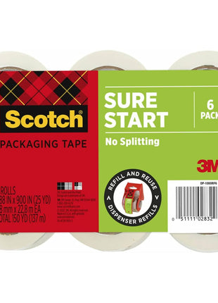 Scotch Sure Start Packing Tape, Clear, Quiet Unwind and Easy Start, 1.88 in. x 25 yd., 6 Tape Rolls, Designed for Packing, Shipping and Mailing, No Splitting or Tearing, 1.5 inch Core, Packaging May Vary