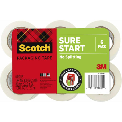 Scotch Sure Start Packing Tape, Clear, Quiet Unwind and Easy Start, 1.88 in. x 25 yd., 6 Tape Rolls, Designed for Packing, Shipping and Mailing, No Splitting or Tearing, 1.5 inch Core, Packaging May Vary