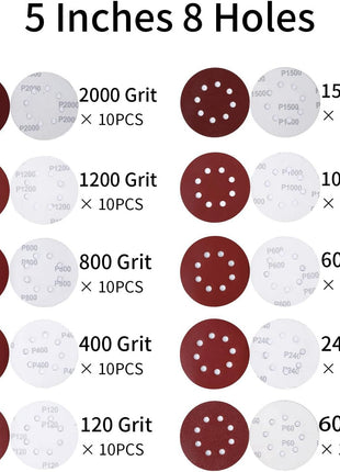 100PCS 5 Inch 8 Holes Sanding Discs 60 120 240 400 600 800 1000 1200 1500 2000 Grit Sandpaper Sander Round Sand Paper (100pcs 60-2000 grit)