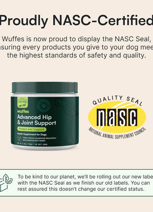 Wuffes Advanced Dog Hip and Joint Supplement with Glucosamine, Chondroitin, Omega 3, MSM, and Green Lipped Mussel, 60 Pork Flavored Chews for Small and Medium Dog Breeds