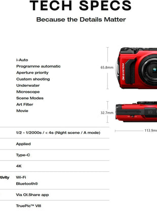 OM System OLYMPUS Tough TG-7 Red Underwater Camera, Waterproof, Freeze Proof, High Resolution Bright, 4K Video 44x Macro Shooting (Successor Olympus TG-6)