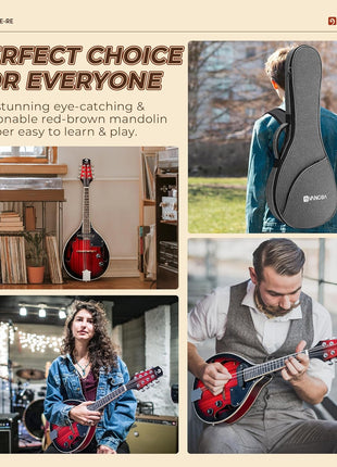 Vangoa Mandolin Musical Instrument A Style Acoustic Electric, 8 Strings Mahogany for Beginner Adults Teens, Red Burst