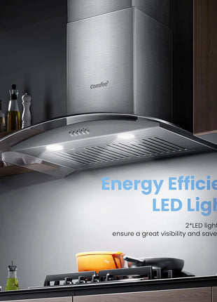 COMFEE' 30 Inch Wall Mount Range Hood, 450 CFM Ductless/Ducted Convertible | Island Range Hood 3-Speed Exhaust Fan, Curved Glass Stainless Steel Kitchen Vent Hood, 2 Baffle Filters, 2 LED Lights