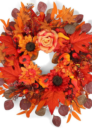 24" Fall Wreath for Front Door Outside - Sunflower, Pumpkin, Berry & Maple Leaves | Weatherproof Autumn Outdoor Wreaths with Hanger Hook for Thanksgiving, Harvest