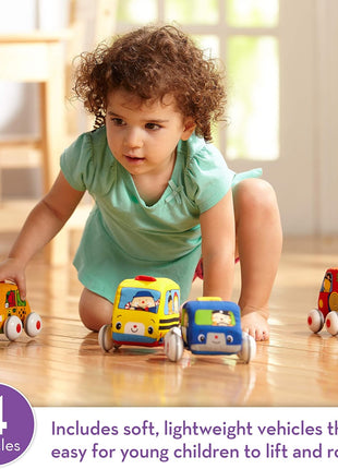Melissa & Doug K's Kids Pull-Back Town Vehicle Set - Baby Toys Set with 4 Soft Toy Cars and Trucks, Surface Washable with Removable Wheels, Learning Toys for Babies and Toddlers