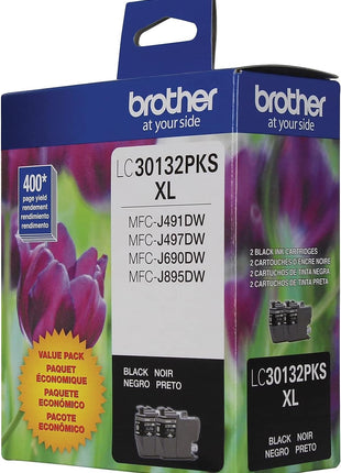 Brother Genuine LC30132PKS 2-Pack High Yield Black Ink Cartridges, Page Yield Up to 400 Pages/Cartridge, LC3013