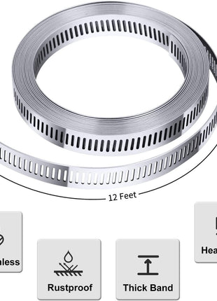 Steelsoft 304 Stainless Steel Hose Clamp Assortment Kit DIY, Cut-To-Fit 12 FT Metal Strap Stronger Fasteners,Large Adjustable Worm Gear Band Hose Clamps Screw Clamps Duct Pipe Metal Clamp Strapping