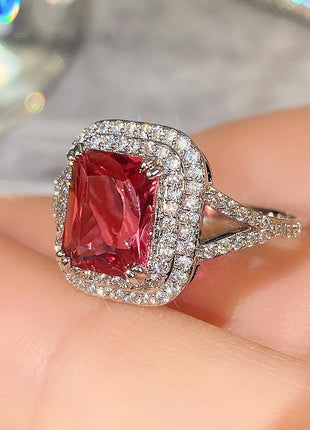Vintage 925 Sterling Silver Promise Rings for her,Ruby Ring Cocktail Rings Square Cut Red Gemstone Cubic Zirconia Anniversary Promise Ring Halo Ring Eternity Engagement Wedding Band Ring for Women 10