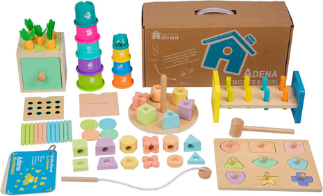Adena Montessori 6 in 1 Sensory Play Kit 13-18 Months Baby | Made for newborns to build motor skills & hand-eye coordination, it brings diverse sensory play with smooth wooden toys.
