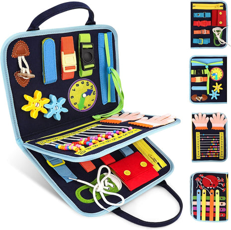 Busy Book for Toddlers, Montessori Felt Quiet Book Travel Toy | Soft felted wool, securely stitched with no loose pieces. Buttons, zippers and abacus build fine motor skills.
