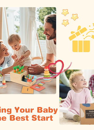 Wooden Montessori Learning Toys Kit,Babies Toys Set for 1 Year Old, Sensory and Thinking Play kit for Toddlers (Boys and Girls). 4 in 1 Drop Box; Rocking Stacker; Bead Maze.