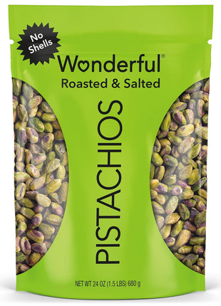 Wonderful Pistachios No Shells, Roasted & Salted Nuts, 24 Ounce Resealable Bag, Protein Snacks, Gluten Free, Healthy Snack