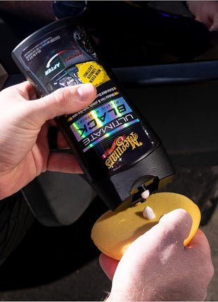 Meguiar's Ultimate Black Plastic Restorer, Durable Car Restorer for Faded Black Plastic, Vinyl, and Rubber, Restores Deep Color and Shine, for Car Guys, 12 Oz