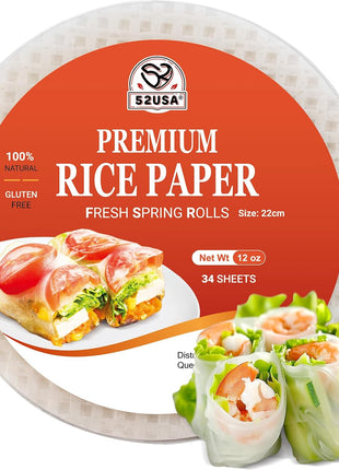 52USA Rice Paper Wrappers, 1 Pack, Spring Roll & Dumplings-34 Sheets | Gluten-Free Wonton Wrapper, Vegan, Low Carb, Vietnamese Rices Wraps (Round, 22cm)