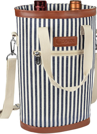 opux Two Bottle Wine Bag Carrier Tote, Insulated Leakproof 2 Bottle Wine Cooler Bag for Travel BYOB Picnic, Portable Wine Case, Gift for Men Women Wine Lover Birthday Party Christmas, Navy Stripes
